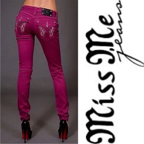 { MISS ME } 5-Pocket Low Rise Skinny Jeans pink angel wings Fuschia 29x31 inseam - Picture 7 of 11